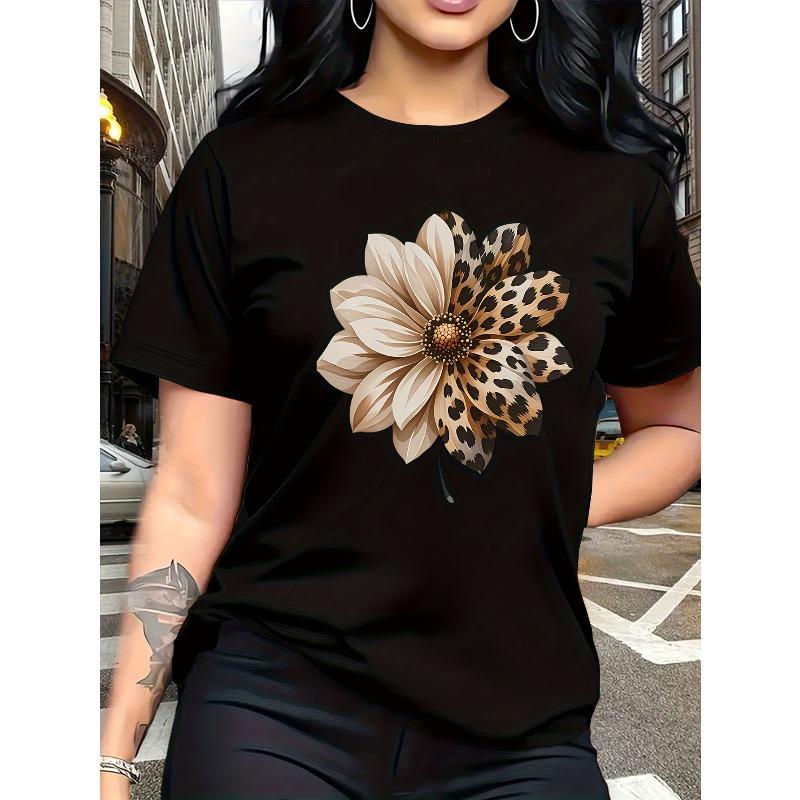 European Size Women's Short Sleeve T-Shirt with Leopard-Spot Floral Print Round Neck Blouse -Suitable for Travel, Vacation & Everyday Outfits