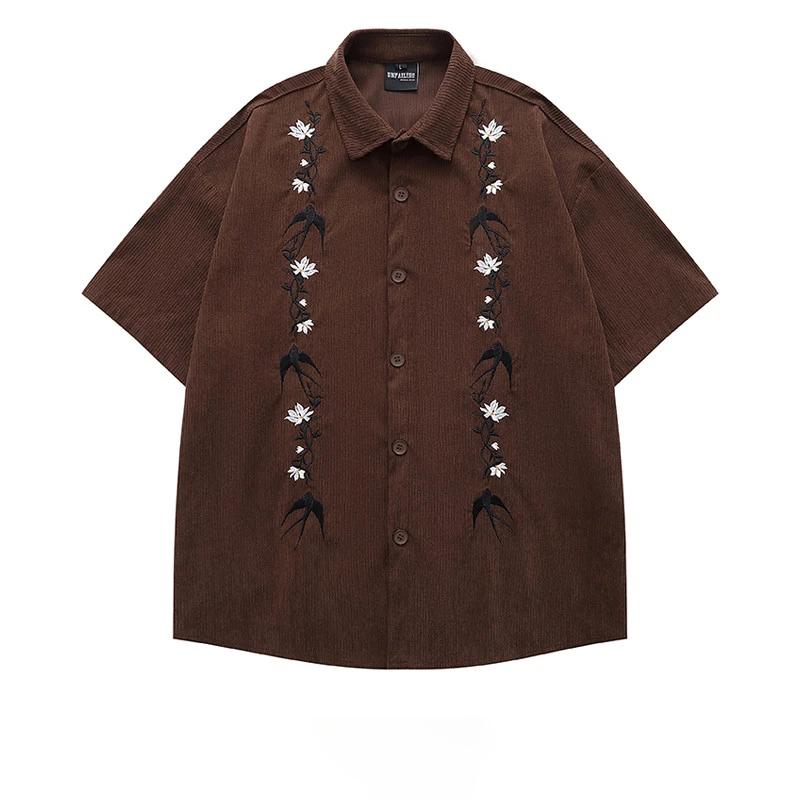Unisex Brown Floral Embroidery Short-Sleeve Oversized Shirt Casual Button-Down To