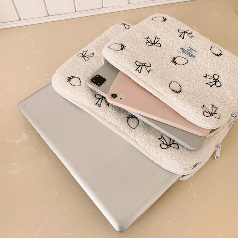 Plush Bow Strawberry Laptop Sleeve Case 13/14 Inch Notebook Bag For Macbook Air Pro Lenovo Hp 11 Inch Tablet Pouch For Ipad