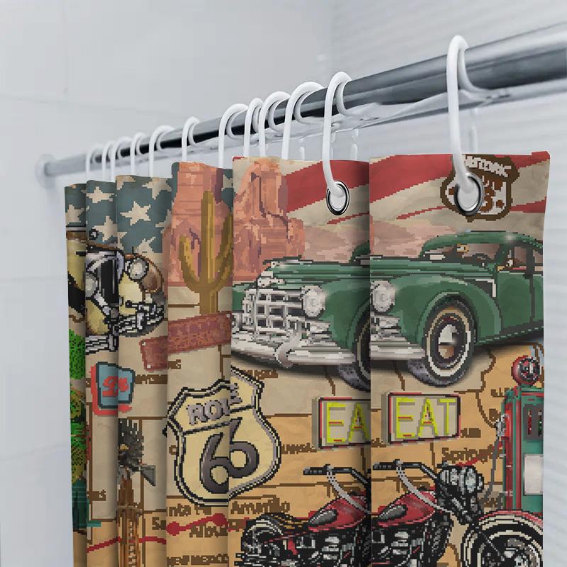 Vintage Route 66-Themed Car Shower Curtain For Bathroom Decor Pixel Art Style Retro Design Featuring Classic American Automobile