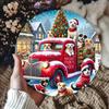 Vintage Metal Round Truck Sign 8x8 Inch Rustic Christmas Wall Decor with Dog Wreath