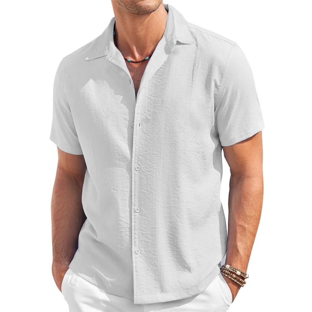 Men's Fashion Collar Solid Color Short Sleeved Cotton Linen Shirt Button Casual Shirt Top