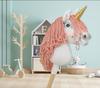 Hobby Horse Unicorn on a stick, small white, with a dusty pink mane and a golden horn