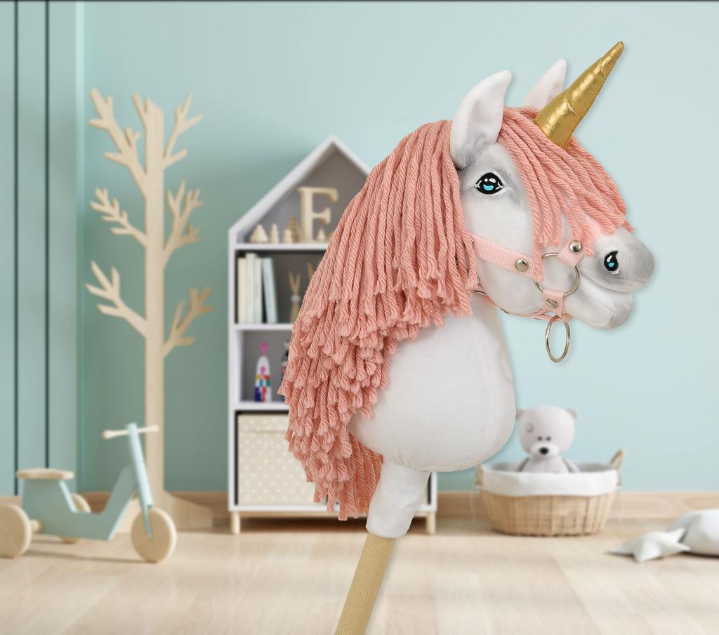 Hobby Horse Unicorn on a stick, small white, with a dusty pink mane and a golden horn