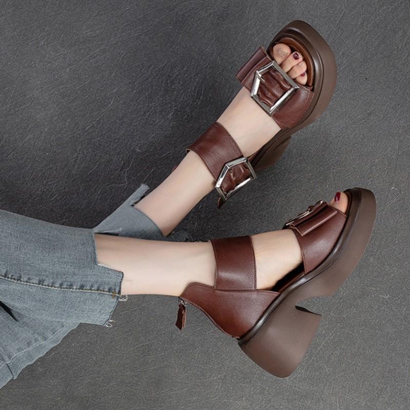 Johnature Genuine Leather Peep Toe High Heel Sandals Women Retro Comfortable Breathable Thick Sole Shoes