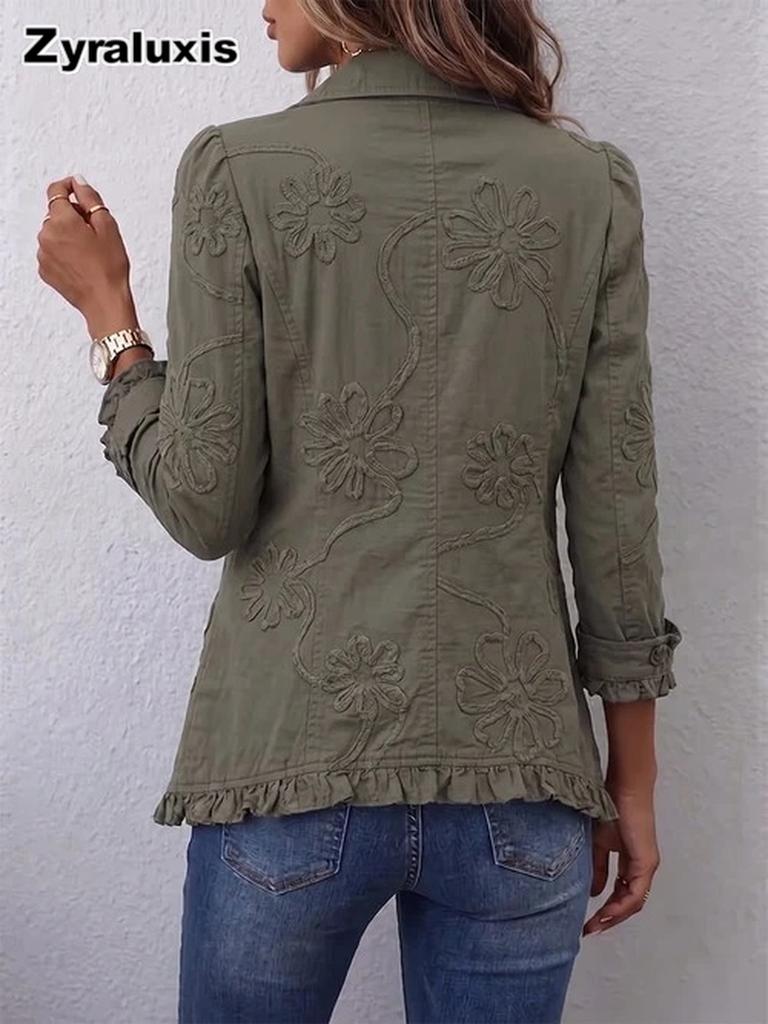 Giacca Ricamata Bohemienne Donna Autunno Cardigan Arricciato Stampa Floreale Larga Casual Manica Lunga