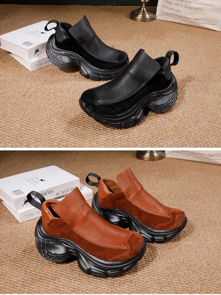 Johnature Women's Slip-on Shoes Versatile Genuine Leather Thick Soled Lightweight Retro Chunky Sneakers