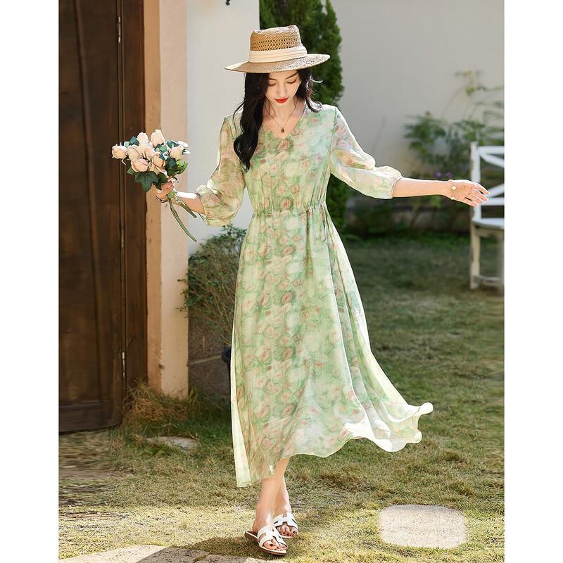 Demana Monet Garden Printed V-Neck A-Line Midi Dress