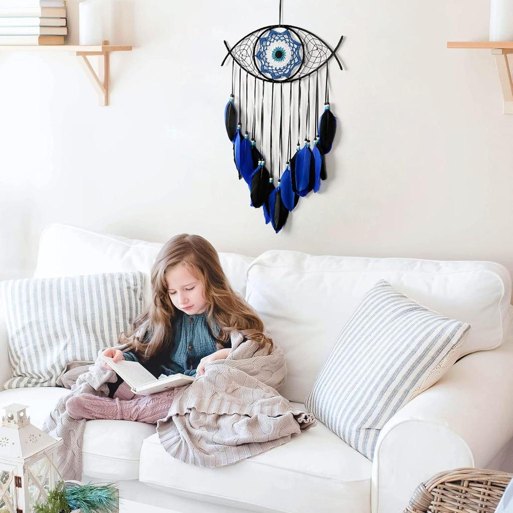 Dremisland Evil Eye Dream Catcher-Blue Black Dream Catchers Handmade Feather Evil Eye Wall Hanging Ornament Home Decor for Bedroom Livingroom Yard,