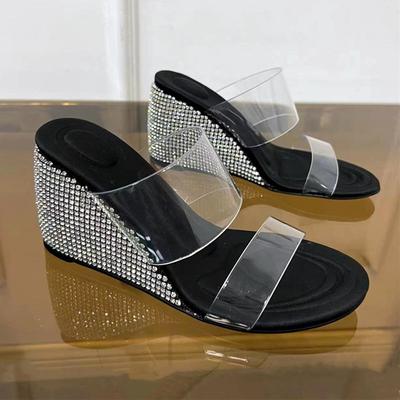 Mode Mode Strass Cristal Compensées Pantoufles pour Femmes Été Bout Ouvert Talons Hauts Mules Chaussures Féminines Sandales Transparentes en PVC