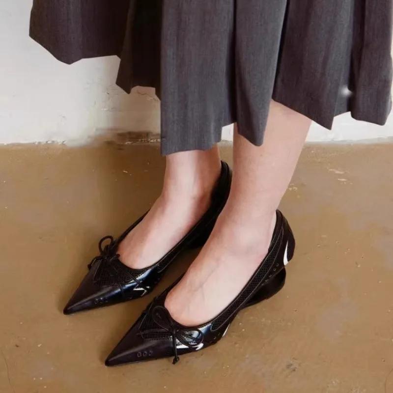 Fashion New Bow Mary Jane Sport Retro Pointed Toe Shallow Mouth Splice Surface Suspension Heel Anti-Slip Wear-Resistant High Heels