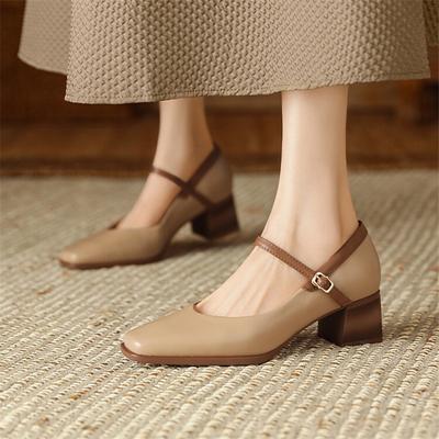 Fashion New Genuine Leather Vintage Women Shoes Fashion Square Toe Pumps Chunky Heel Spring Shoes Women Zapatos De Mujer Mary Jane Shoes