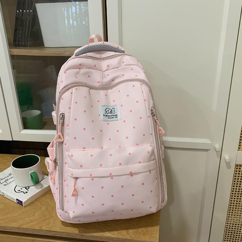 Einfacher Nylon-Rucksack mit Polka-Dots, niedliches Design, lässiger Schülerrucksack mit großem Fassungsvermögen und mehreren Fächern, geeignet für den täglichen Gebrauch und die Schule.