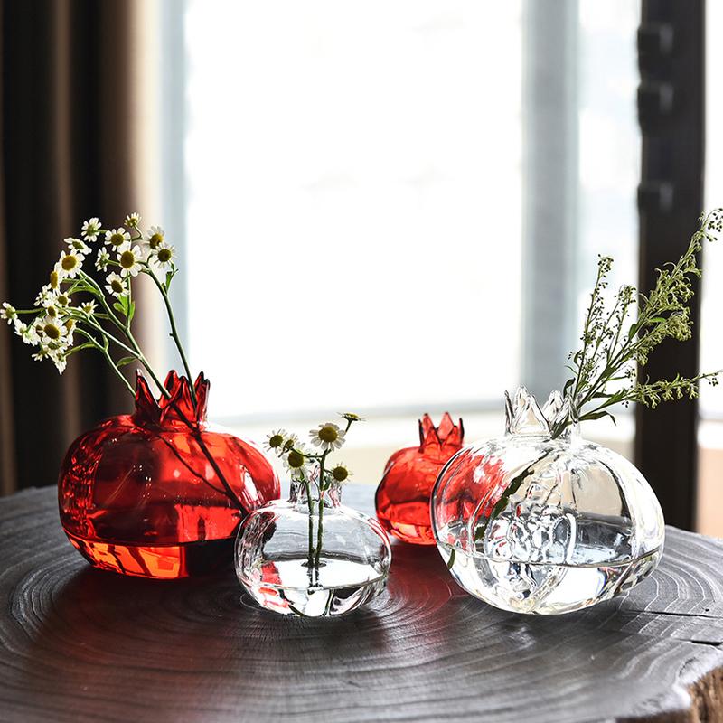 Glass Flower Vase Pomegranate Shaped Red Glass Vase Hydroponics Planter for Tabletop Home Decor Plant Containers
