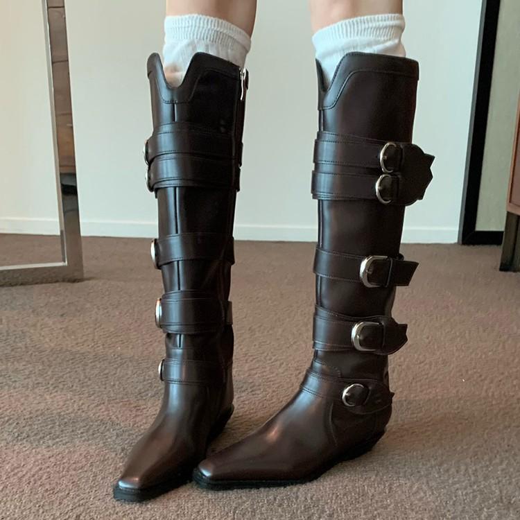 Cowhide version~ Brown boots Femininity pointed V-mouth thin belt buckle but knee high thick heel knight boots