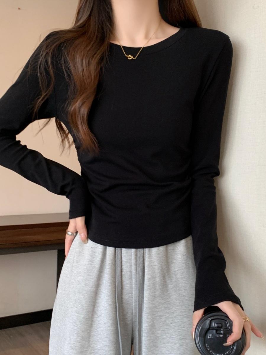 

Spring new solid color bottoming shirt women s card waist pleated front shoulder long-sleeved shirt curved hem inner top XL чорний