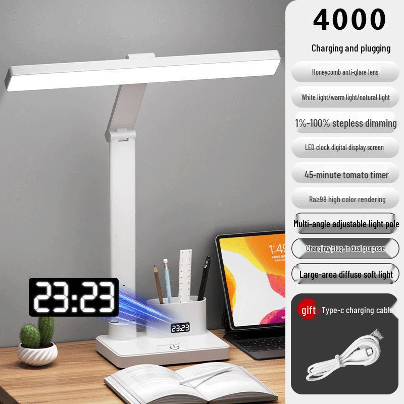 AA-Klasse Augenschutz Schreibtischlampe mit Uhr für Studentenstudium und Lesen