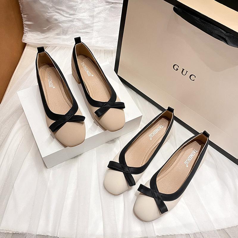 Evening Wind Bow Mid-high Heels Square Toe Shallow Mouth Thick Heel Single Shoes Women Summer and Autumn