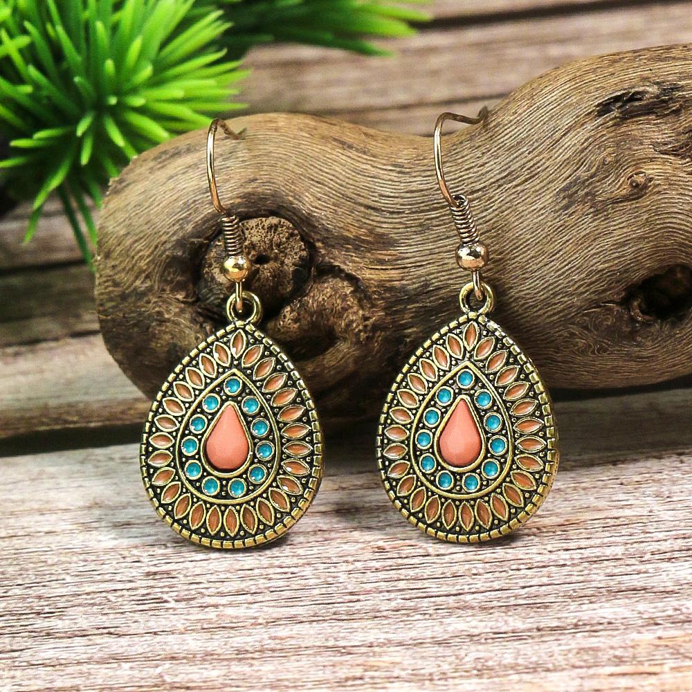 Bohemian Fashion Earrings Alloy Oil Drop Vintage Geometric Round Turquoise Inlaid Exquisite Dot Zircon Ear Zircon Wholesale