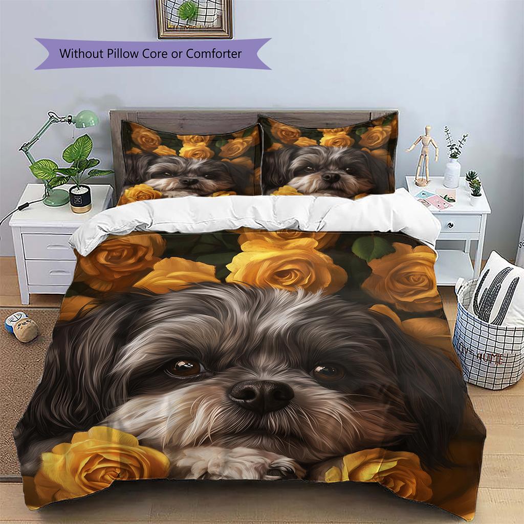 Shih Tzu and Flowers Pattern Bedding Home Decoration Birthday Gift (1 * Duvet Cover + 2 * Pillowcase, Without Core)