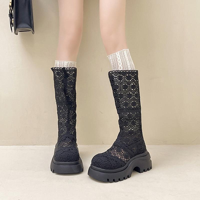 Hollow retro versatile thick-heeled thick-soled boots women's autumn fashion round-headed small thick-heeled high-heeled fashion boots