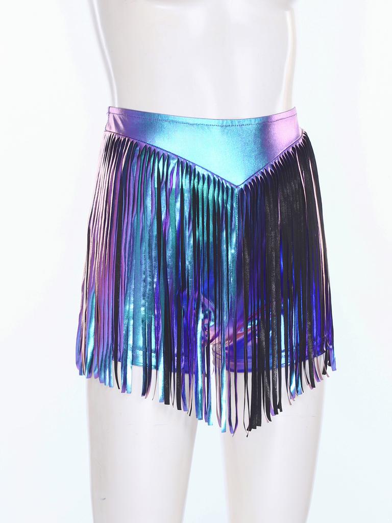 S-XXL Women's Fringed Booty Shorts: High Waist Iridescent Metallic Hot Pants with Tassel for Jazz Rock Dance Performance