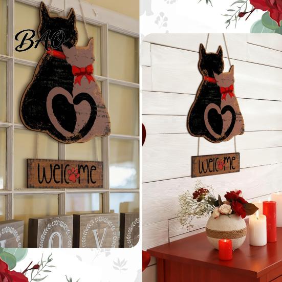 Hanging Wall Decor for Garden Wooden Welcome Sign Front Door, Romantic Cat Couple Door Pendant, Rustic Farmhouse Outdoor Porch Entryway Decoration