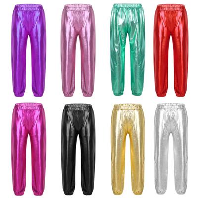 Kids Girls Glossy Metallic Elastic High Waist Dance Pants Hip Hop Trousers Streetwear Dancewear