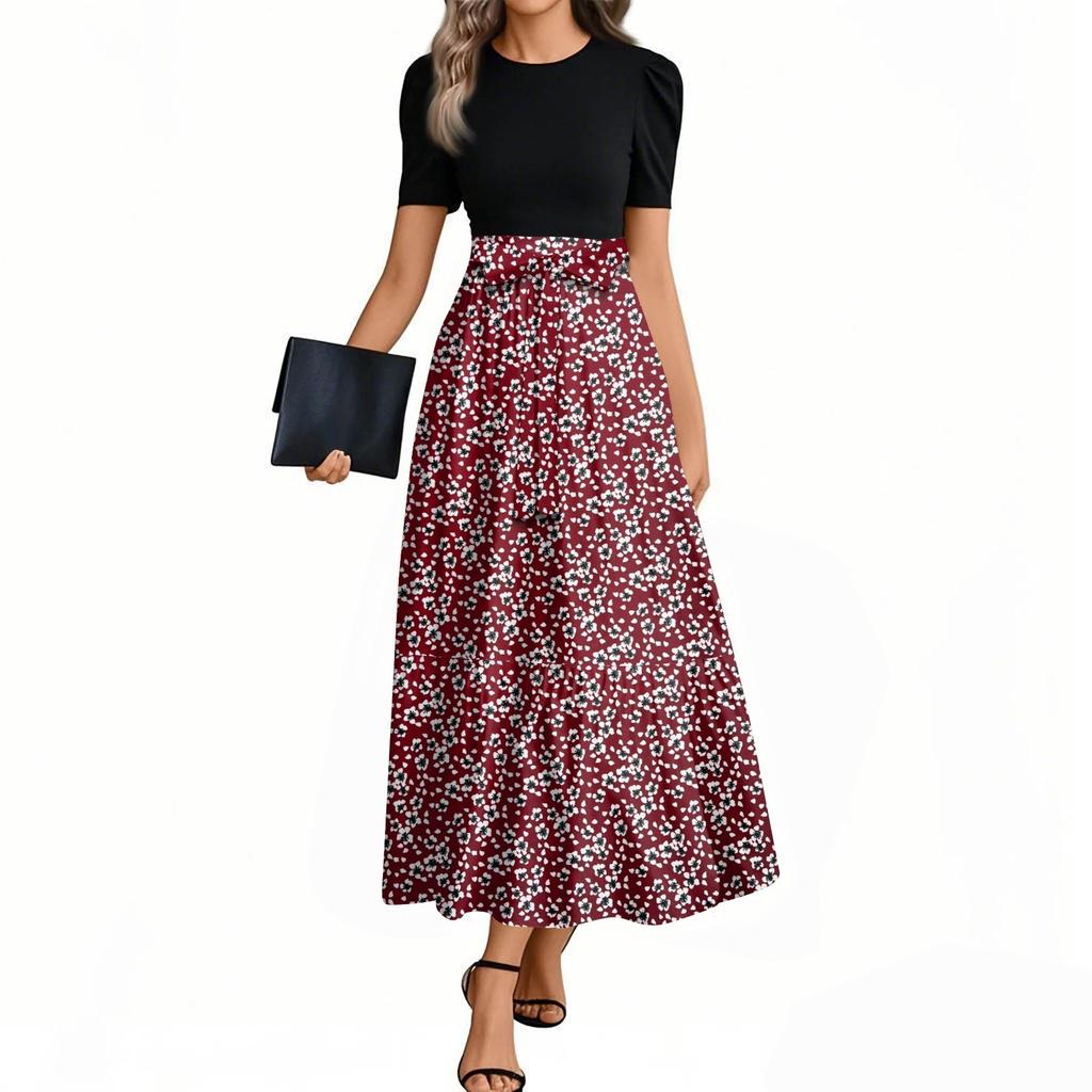 Women's Fashion Casual Belt Short Sleeve Round Neck Floral Stitching Elegant Temperament Dress