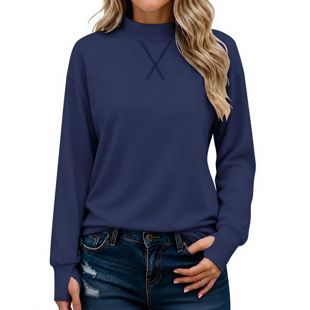 Women's Casual Mock Neck Long Sleeve Top with Thumb Holes
