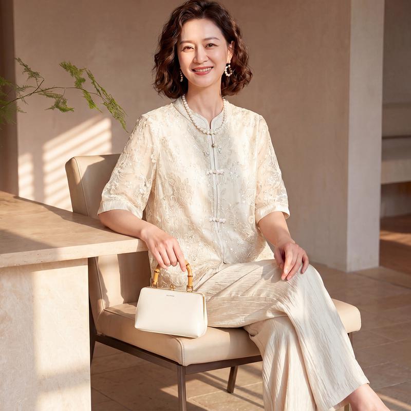 Datang Furen Women's Summer Embroidered Mesh Blouse & Trousers Set