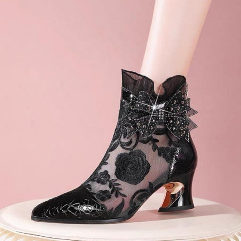 Fashion 2025 Plus Size Women's Fashion Boots Lace Embroidery Ankle Sandal Boots Crystal Bow Tie Back Zip Stylish Retro Summer Footwear