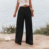 Women Solid High Waist Single Button Front Pleated Loose Wide Leg Comfort Casual Long Trousers