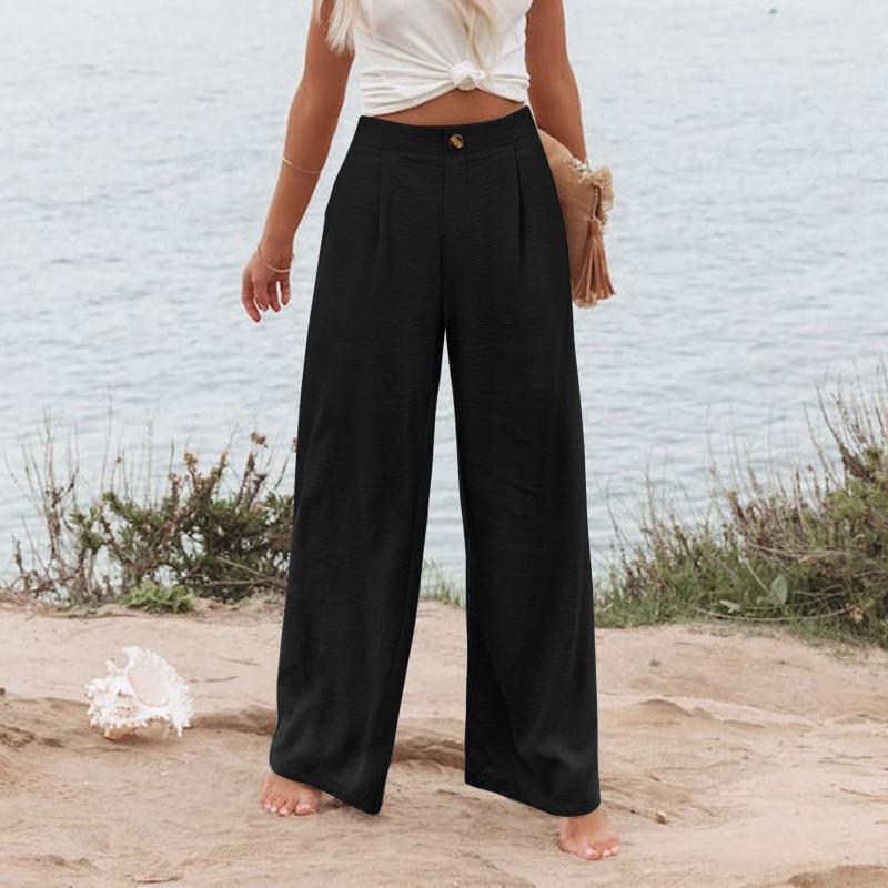 Women Solid High Waist Single Button Front Pleated Loose Wide Leg Comfort Casual Long Trousers