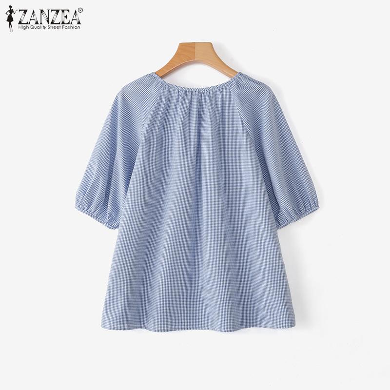 ZANZEA Blusa Casual para Mujer de Cuello Redondo, Manga Corta Holgada con Estampado de Cuadrícula