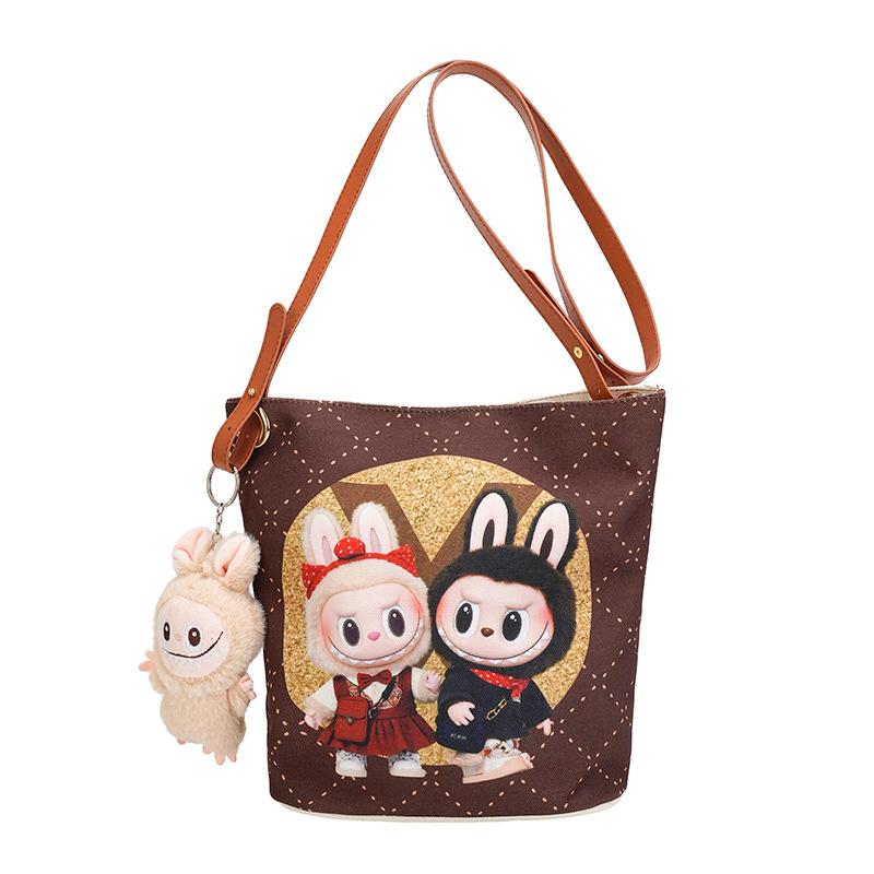 Korean Cartoon Labubu Crossbody Canvas Women's Bag Large Capacity Student Commuting To Class Embroidered Shoulder Bag Bucket Bag