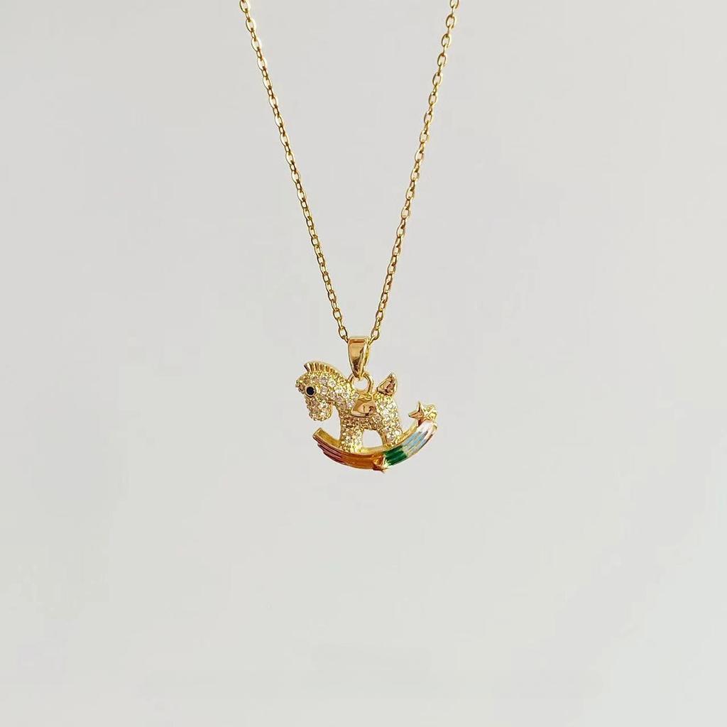 New Korean Style Titanium Steel Necklace Micro-Set Zirconia Small Horse Pendant Simple Elegant Fashion Trend Gold Plated Copper