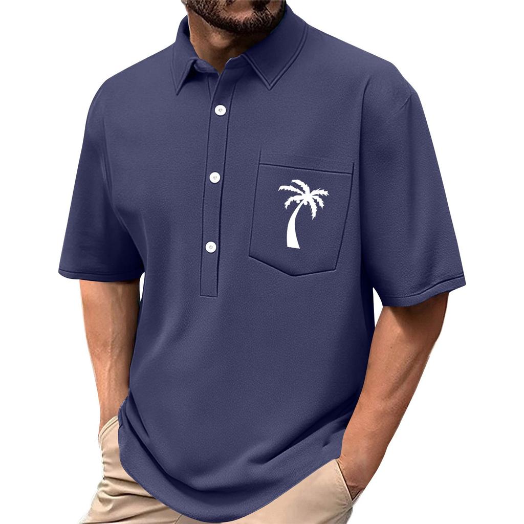 Men's Summer Solid Color Print Four-sided Stretch Lapel Button Pocket Shirt Casual Sports Short-sleeved Top