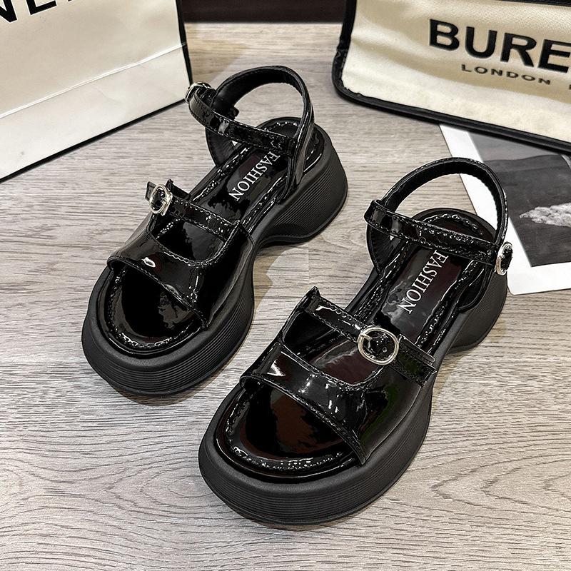 

2024 лето новый сказочный стиль пряжка ремня женские сандалии платформа полые пляжные туфли модные универсальные римские туфли 40 чёрный