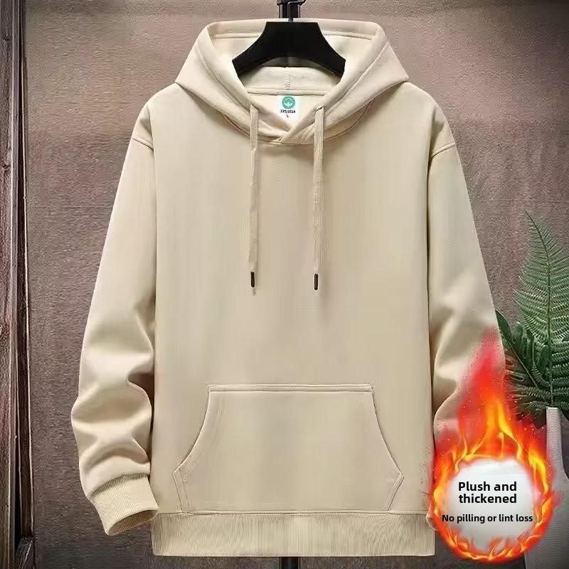 Men's Korean-Style Thick Hooded Sweatshirt - Large, Loose Fit, Velvet-Lined, Solid Color for Fall/Winter