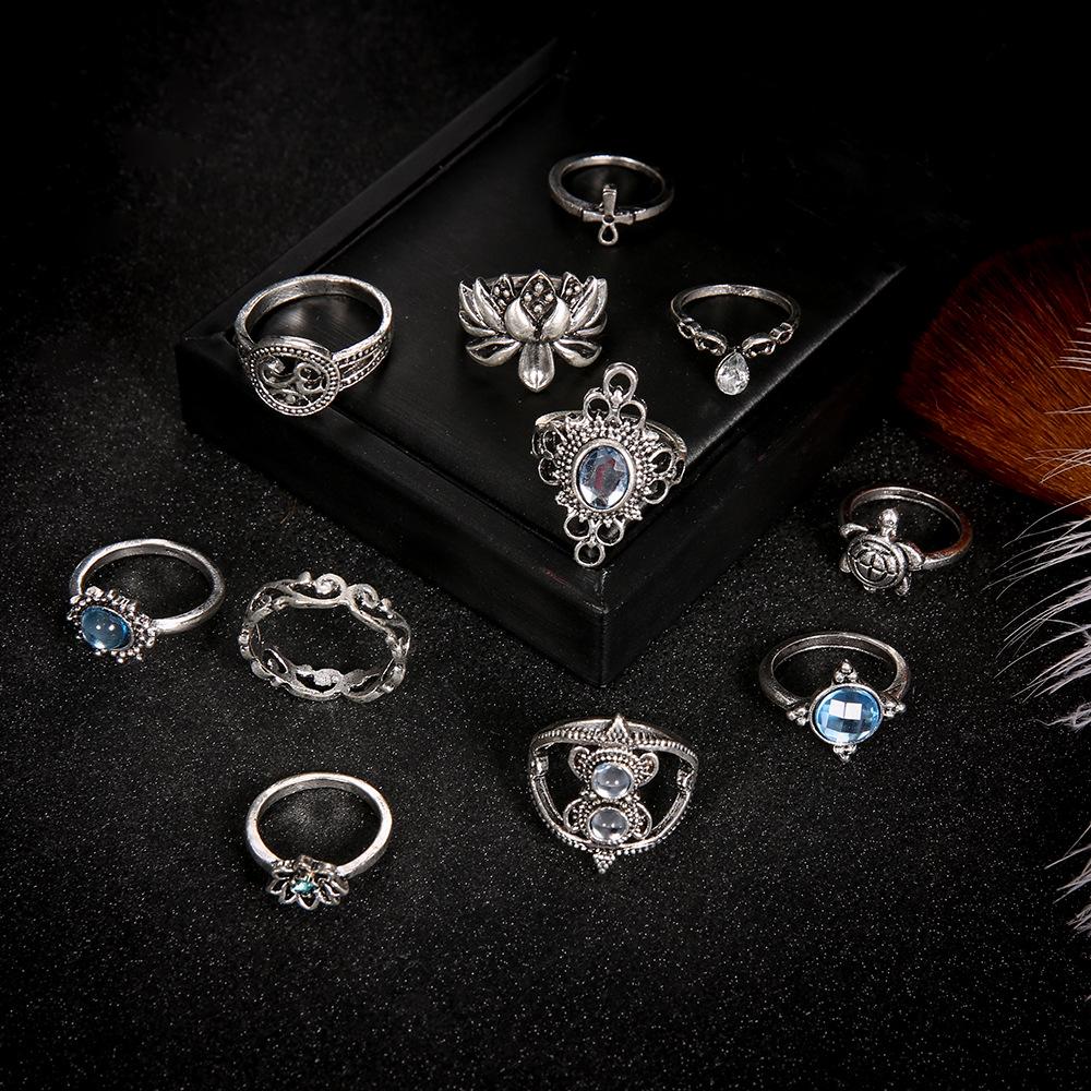 Women Bohemian Carved Unique Crystal Knuckle Rings Set 11 In 1