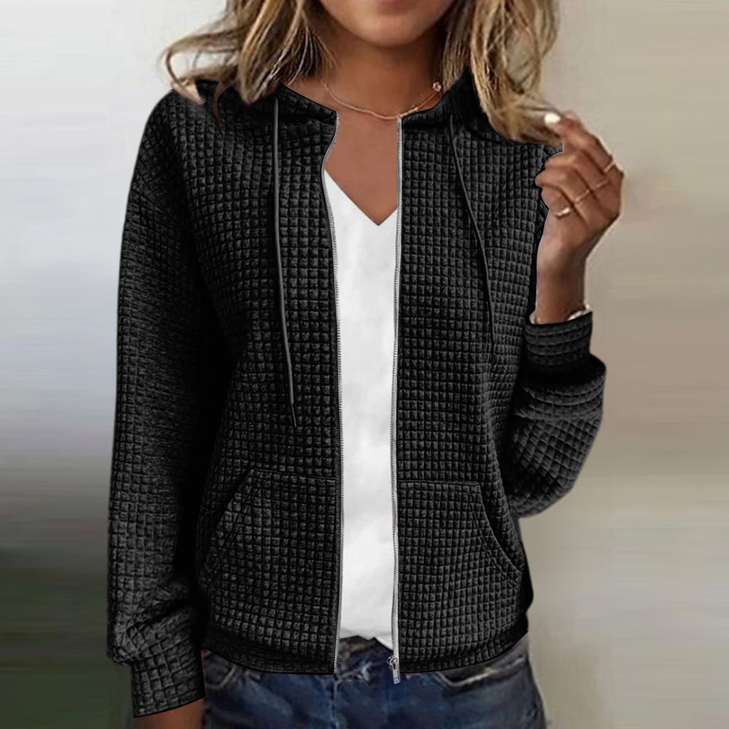 Women's Solid Color Zipper Hooded Cardigan Long Sleeved Sweatshirt Jacket