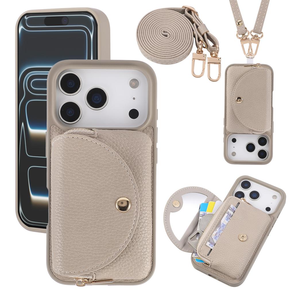 Crossbody Long Lanyard Leather Cards Solt Wallet Case For iPhone 17 Pro Max 16 Plus 15 14 13 Built in Makeup Mirror Bag Cover