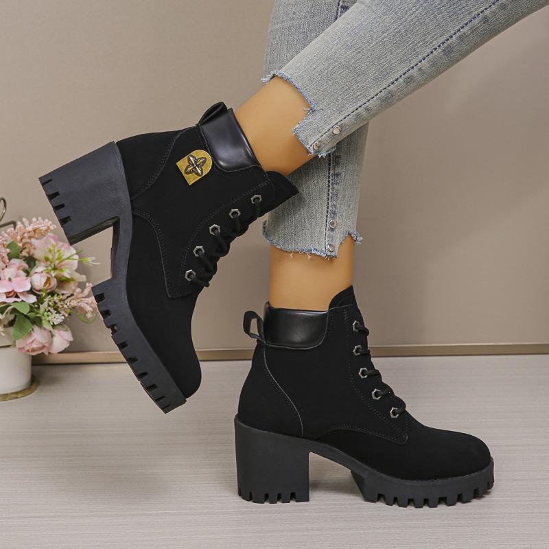 Foreign Trade Large Size Thick Heel British Style Color Matching Martin Boots Women's New Thick-soled Waterproof Table Lace-up Leather Boots