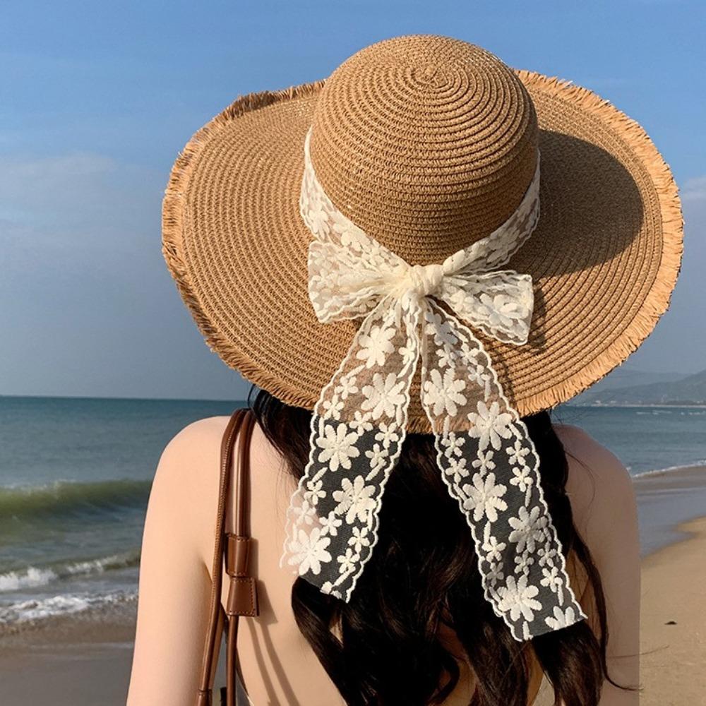 Breathable Wide Brim Sun Hat Large Brim Sunshade Cap Vacation Lace Bowknot Straw Hat  Woman
