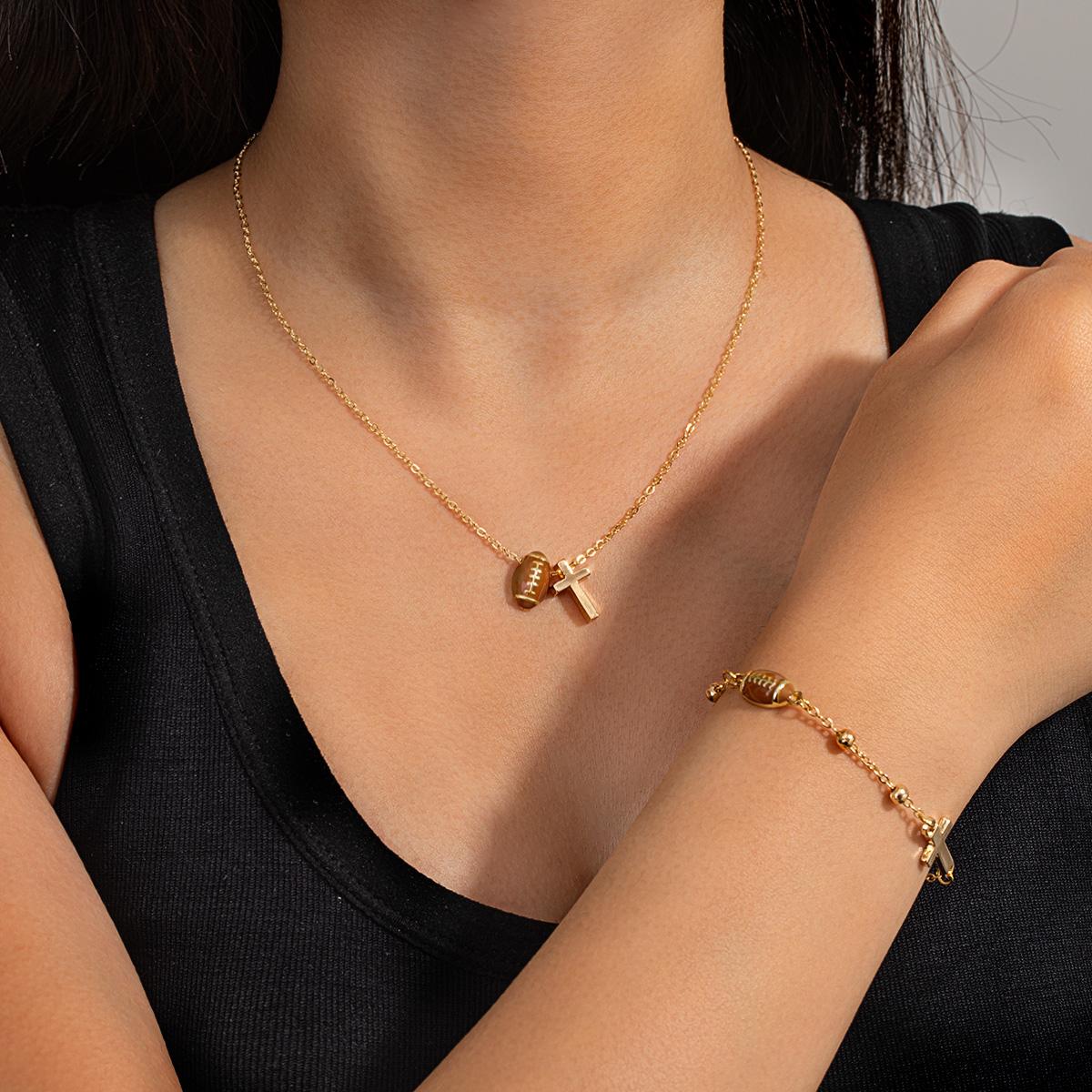 

European and American Style Rugby Cross Necklace & Bracelet Set, Light Luxury Niche Layered Choker and Bracelet