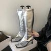 Fashion Silver Open Toe Clip-On Knee High Boots Women Modern Booties Thin Low Heels Side Zipper Spring  Party Pumps Sandals Shoe