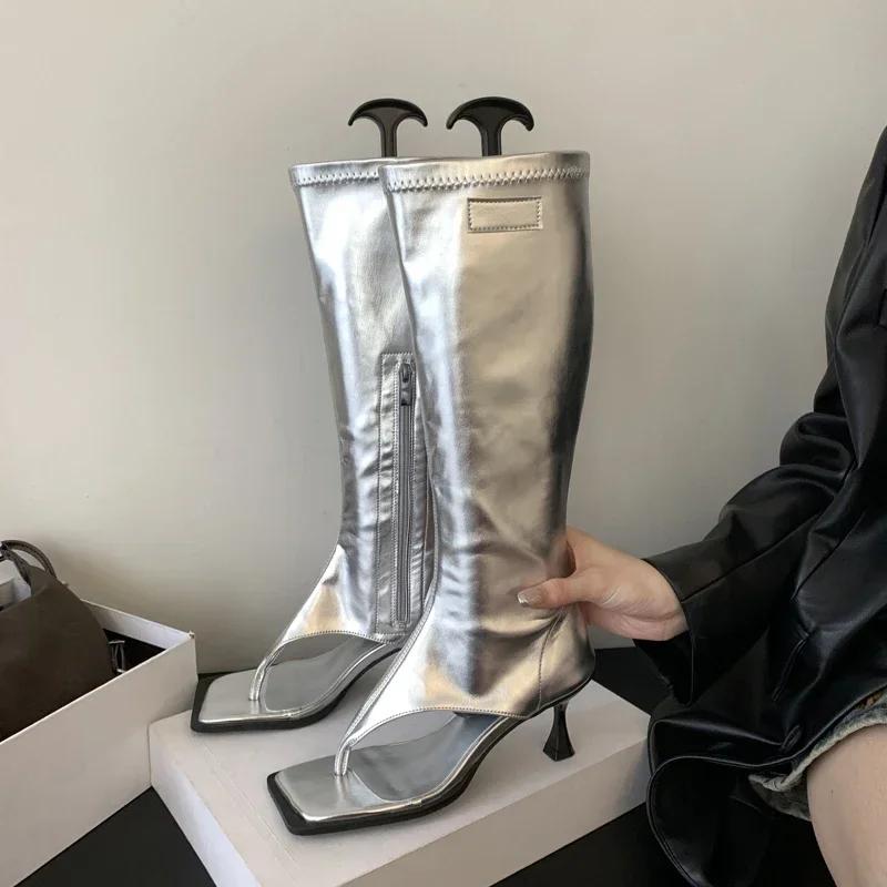 Fashion Silver Open Toe Clip-On Knee High Boots Women Modern Booties Thin Low Heels Side Zipper Spring  Party Pumps Sandals Shoe