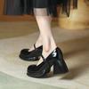 Fashion Black Patent Leather Chunky Heel Pumps Women Retro Mary Jane Shoes Comfortable Buckle Strap Casual Leather Heels for Ladies