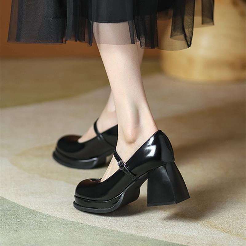Fashion Black Patent Leather Chunky Heel Pumps Women Retro Mary Jane Shoes Comfortable Buckle Strap Casual Leather Heels for Ladies